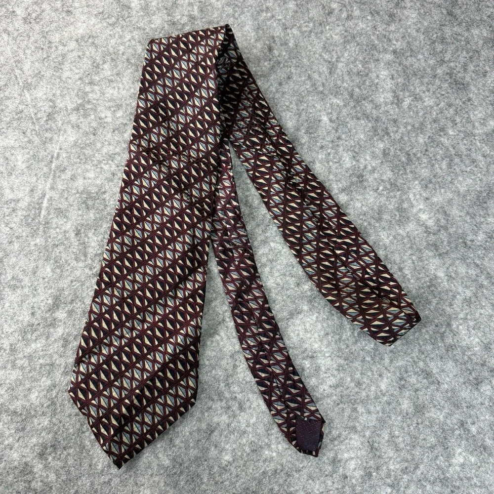 Vintage Christian Dior Monsieur Silk Men's Tie USA Geometric Burgundy Cream Blue
